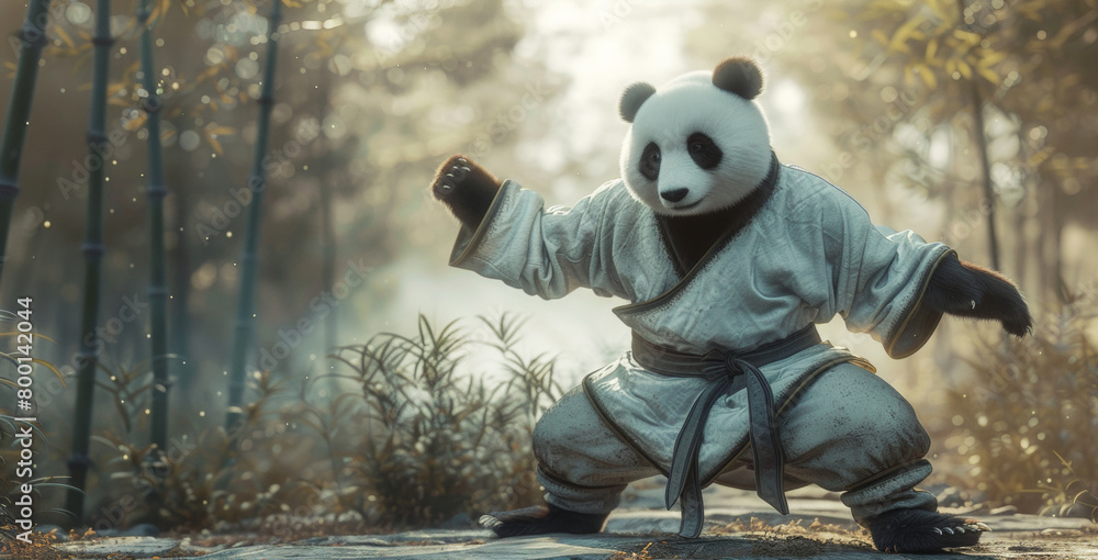 3D cartoon character of a panda doing kung-fu in bamboo forest. 3D cartoon character of a panda doing kung-fu in bamboo forest.