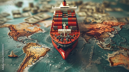 Container ship model on world map, transcontinental transportation or globalization concept image photo