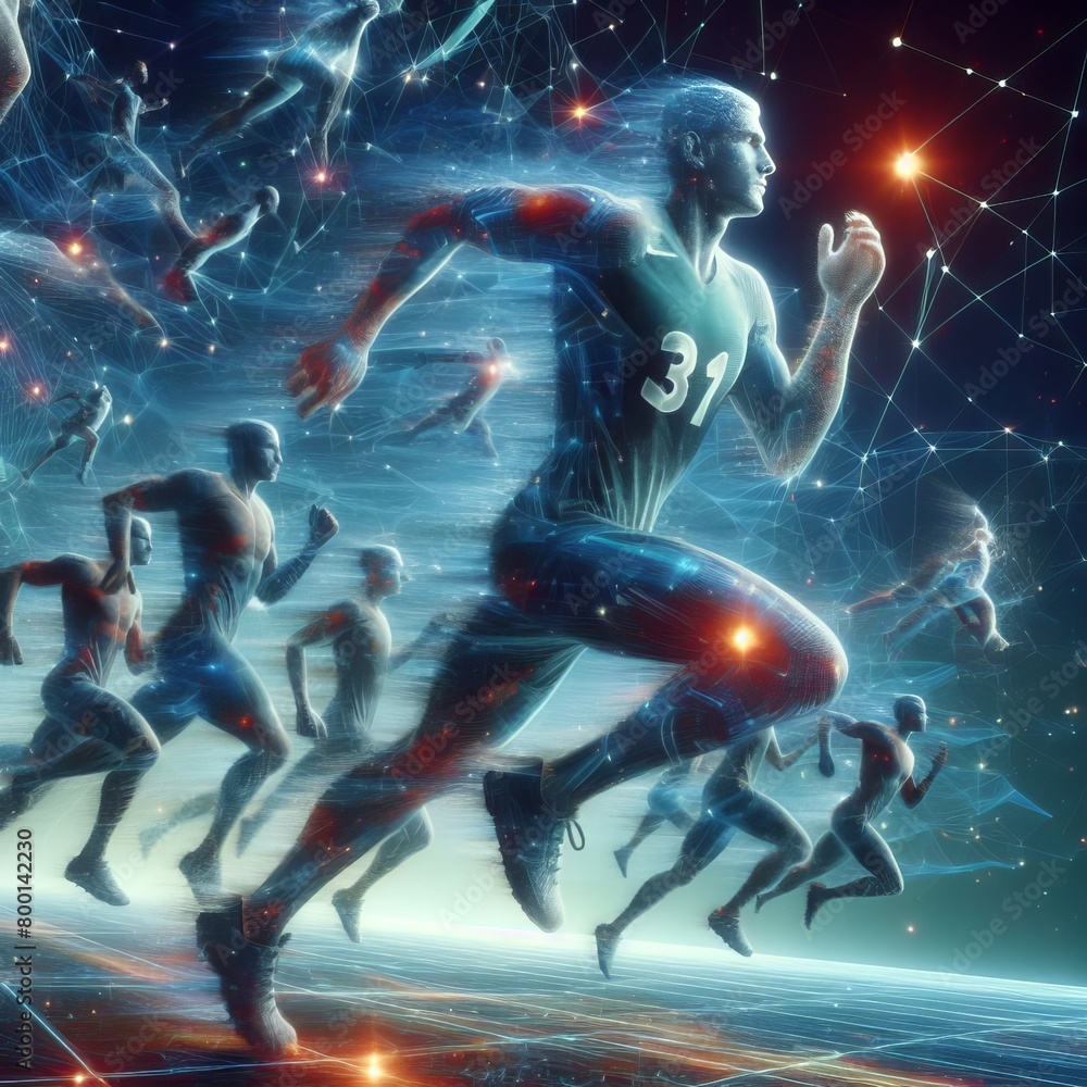 A surrealistic hologram display of athletes transformed into abs