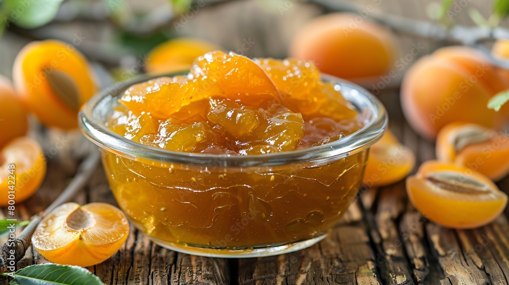 Closeup of a bowl of delicious apricot jam on a rustic table Closeup of a bowl of delicious apricot jam on a rustic table