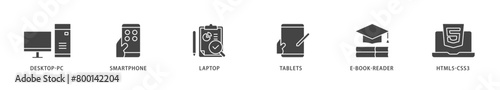 Responsive web design icons set collection illustration of tablets, html5 css3, e book reader, laptop, smart phone, desktop pc icon live stroke and easy to edit 