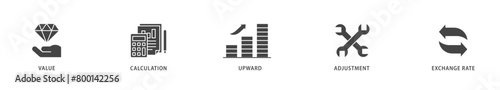 Revaluation icons set collection illustration of value, calculation, upward, adjustment and exchange rate icon live stroke and easy to edit 