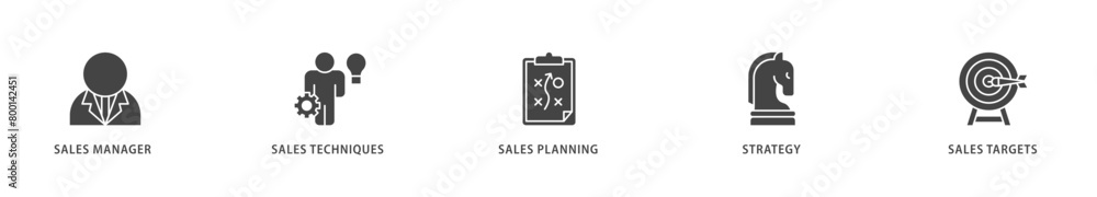 Sales management icons set collection illustration of manager, sales techniques, planning, strategy, and targets icon live stroke and easy to edit Sales management icons set collection illustration of manager, sales techniques, planning, strategy, and targets icon live stroke and easy to edit