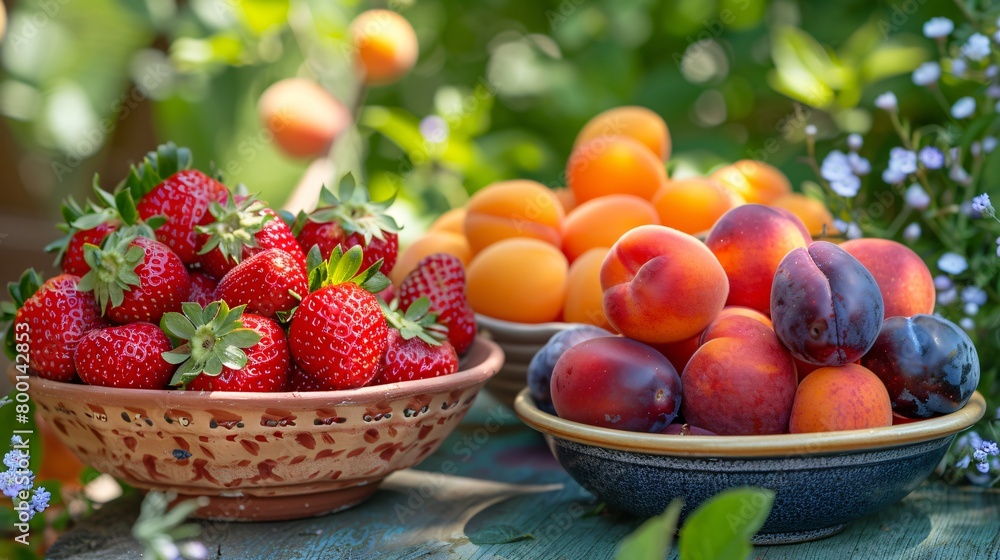 Close up view of a bowl of delicious strawberries, apricots and plums on the wooden table in the garden Close up view of a bowl of delicious strawberries, apricots and plums on the wooden table in the garden