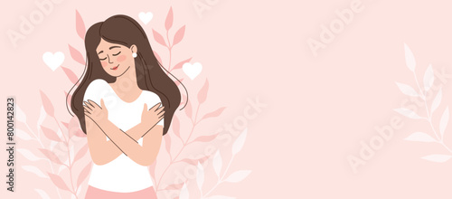 Woman hugging herself. Concept of self-love, self-care, loving your body. Body positivity, joy, love. Banner with space for text. Vector cartoon illustration in flat style