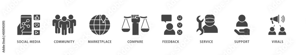 Social commerce icons set collection illustration of social media, community, marketplace, compare, feedback, service, support and virals icon live stroke and easy to edit Social commerce icons set collection illustration of social media, community, marketplace, compare, feedback, service, support and virals icon live stroke and easy to edit