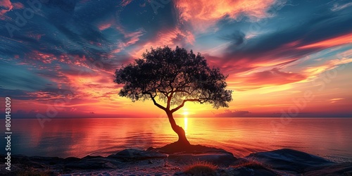 Solitary tree silhouette against a vivid sunset sky