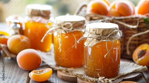 Closeup of jars full of delicious apricot jam freshly cooked and arrange in a row on the table