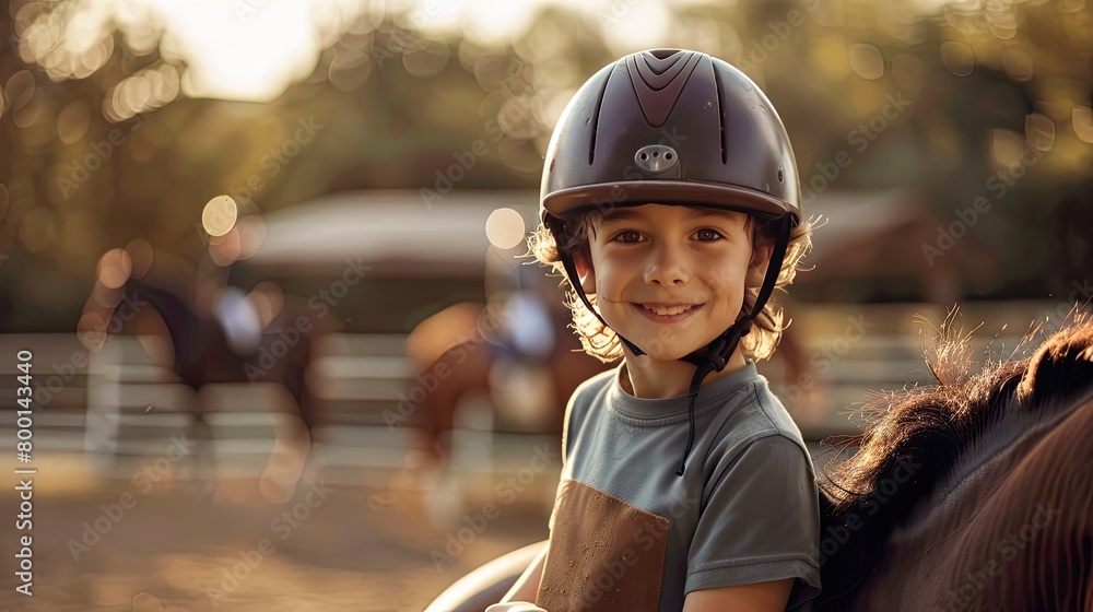 the boy is learning to ride horses. selective focus the boy is learning to ride horses. selective focus