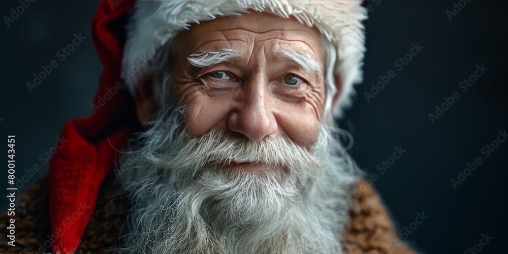portrait of smiling senior man in Santa Claus hat with long white beard looking at camera against dark background