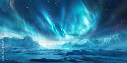 Blue Aurora Borealis over Snow covered Landscape. Majestic Northern Lights Background with copy-space. © Настя Шевчук