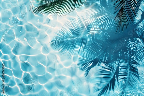 Aqua waves and coconut palm shadow on blue background. Water pool texture top view.