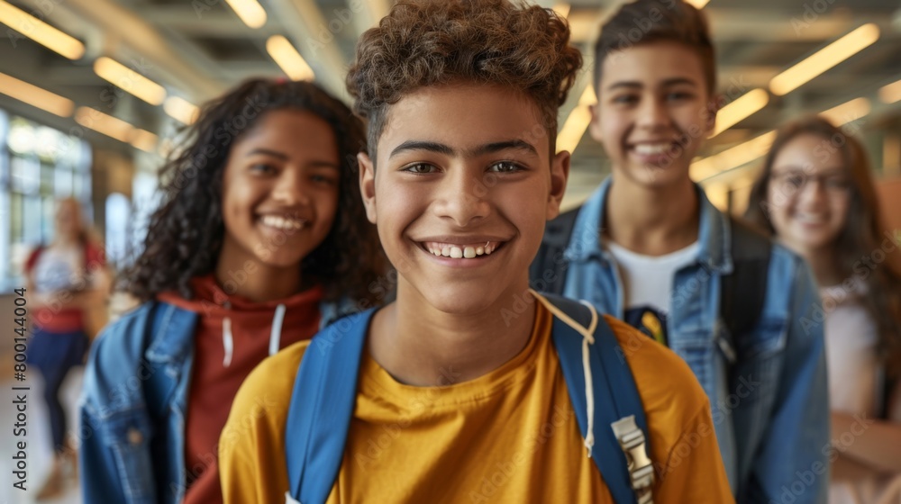 Diverse Group of Smiling Teen Students in School Hallway Diverse Group of Smiling Teen Students in School Hallway