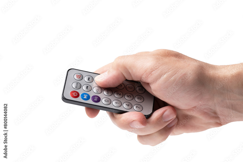 Man hand holding a remote control isolated white background. Man hand holding a remote control isolated white background.