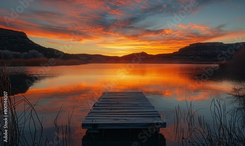 Orange dawn over a calm lake with a silhouetted dock in the foreground at Clayton Lake State Park and Dinosaur Trackways, New Mexico photo
