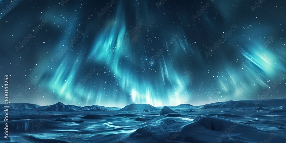 Blue Aurora Borealis over Snow covered Landscape. Majestic Northern Lights Background with copy-space.