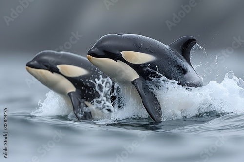 Majestic Killer Whales Leaping Through Ocean Waves