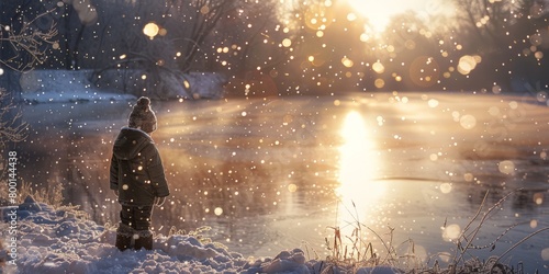 A kid collecting a snow by the lake © Настя Шевчук