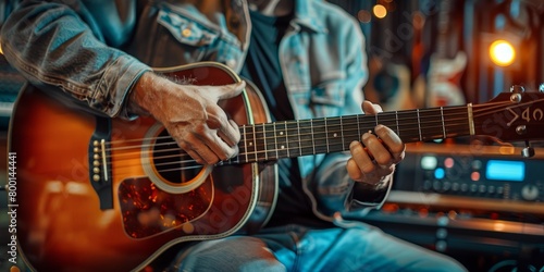 Musician recording acoustic guitar in studio