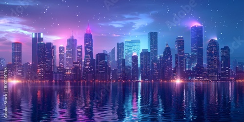 Sci-fi City Skyline with Purple and Cyan Neon lights. Night scene with Advanced Skyscrapers. © Настя Шевчук