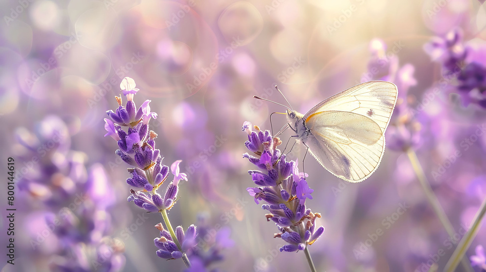 Naklejka premium A tranquil image of a butterfly resting on a lavender flower, with a soft, out-of-focus meadow background providing a lot of copy space