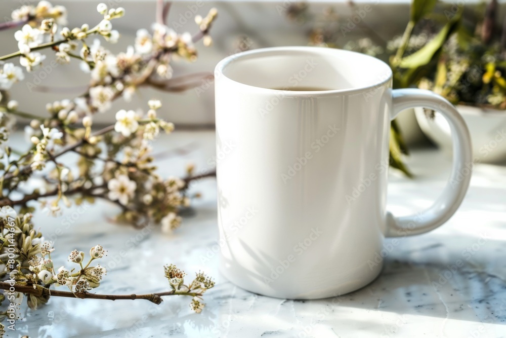 White Blank Mug Mockup in Photographic Scene created with Generative AI White Blank Mug Mockup in Photographic Scene created with Generative AI