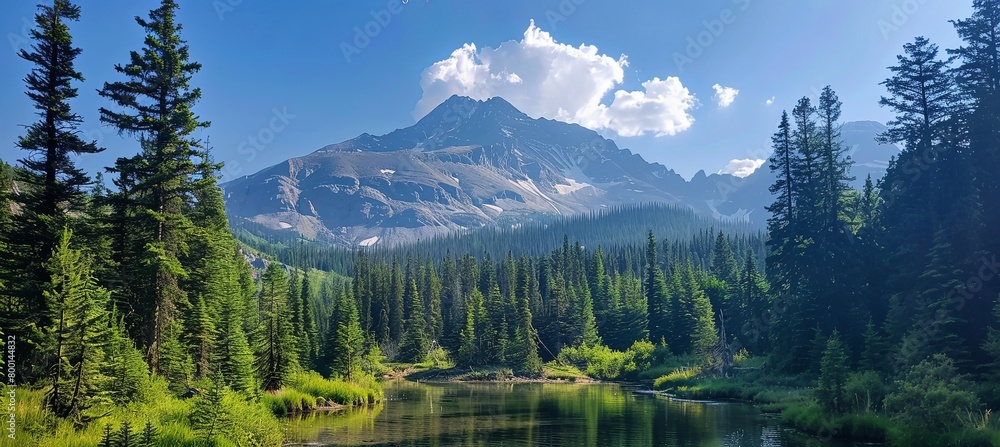 Clear sky by mountain and extensive tree forest banner vibe