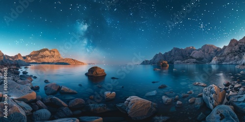 Picturesque landscape of rocks and mountains near calm sea under starry sky at night photo