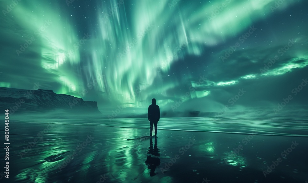 Fototapeta premium Surfer and the northern light