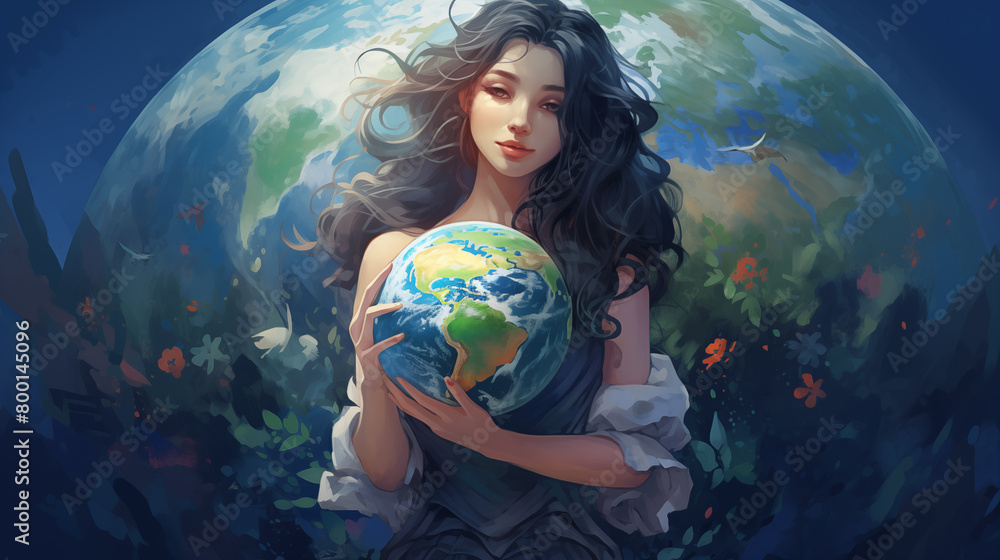 Naklejka premium young woman hugging planet earth, love and protection for the earth 