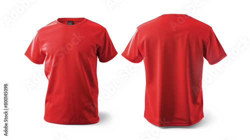 A vibrant red blank T-shirt template showcasing a bold front graphic and a dynamic back print, presented with stunning clarity against a pure white background, perfect for making a statement with your