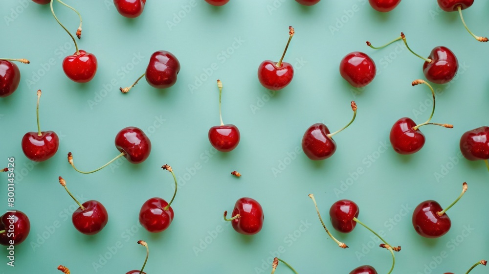 Top view of tasty cherries on the green background Top view of tasty cherries on the green background
