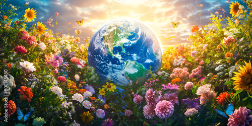 Earth nestles in a lush field of vibrant blooms, symbolizing unity and ecological diversity. A visual celebration for the International Day for Biological Diversity 22 may photo