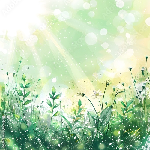 A bright yellow background with a bunch of green leaves and flowers.