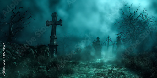 Ghostly Cross and Gate in Fog. World goth day.
