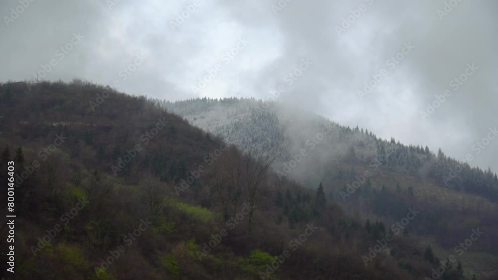Magnificent view of the tree-covered mountain and the fog above it Magnificent view of the tree-covered mountain and the fog above it