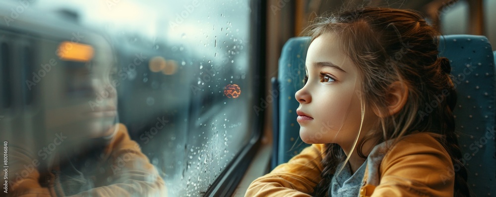 Portrait of a young girl sat on a train looking out the window Portrait of a young girl sat on a train looking out the window