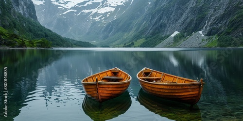 image of wooden boats on a serene alpine lake with mountain reflections