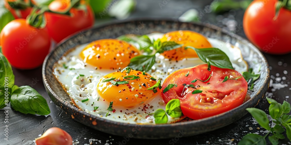 Healthy lunch with fried eggs and tomatoes slices Healthy lunch with fried eggs and tomatoes slices