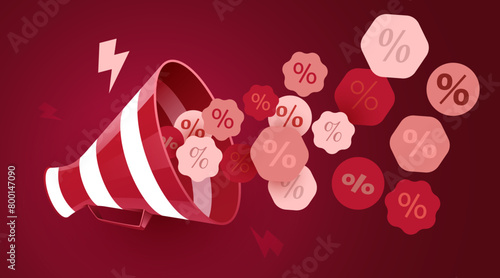 Megaphone with flying percent symbol. Sale announcement concept.