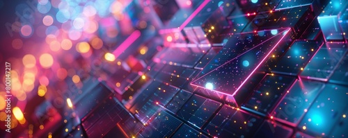 illustration of geometric shapes and structures in colorful neon colors and lights in cyberspace against dark background photo