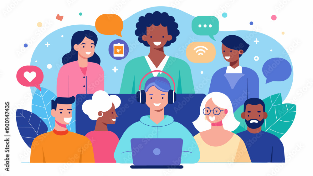 A teletherapy group session brings together individuals with various neurodivergent traits creating a sense of community and understanding.. Vector illustration A teletherapy group session brings together individuals with various neurodivergent traits creating a sense of community and understanding.. Vector illustration