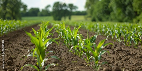 Young corn plants growing in neat rows on a farm