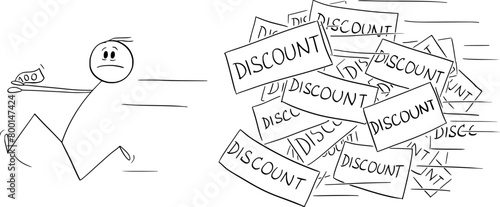 Customer running overwhelmed discounts to buy goods, vector cartoon stick figure or character illustration.