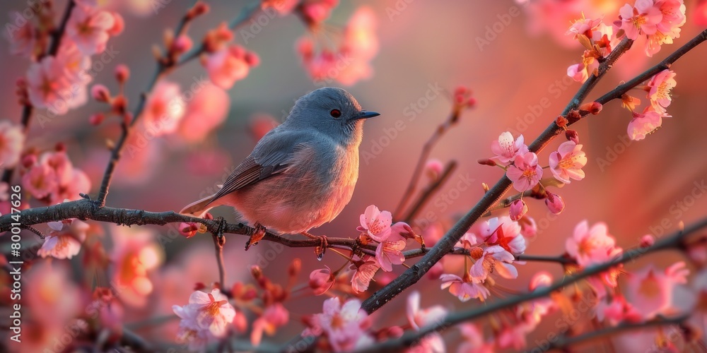 loseup of A solitary bird is nestled amidst cherry blossoms, with the twilight hues casting a serene glow loseup of A solitary bird is nestled amidst cherry blossoms, with the twilight hues casting a serene glow