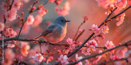 loseup of A solitary bird is nestled amidst cherry blossoms  with the twilight hues casting a serene glow