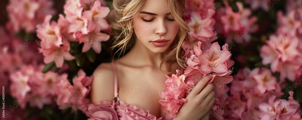 portrait of blonde girl in pink dress holding rhododendron flowers in spring