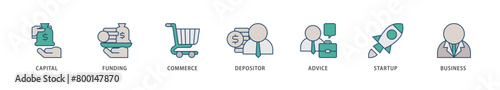 Angel investor icons set collection illustration of capital, funding, commerce, depositor, advice, startup and business icon live stroke and easy to edit 