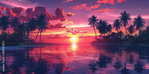 Colourful Sunset on a Paradise Island with Palm Trees  Silhouettes and Glossy Reflective Water.