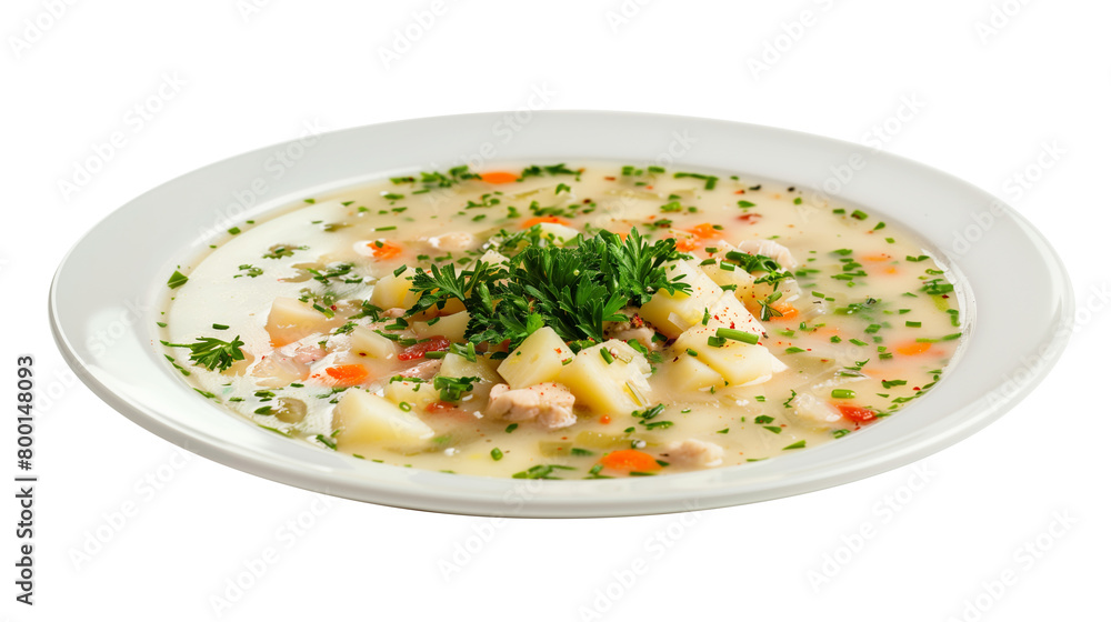 Kartoffelsuppe on plate isolated on white background